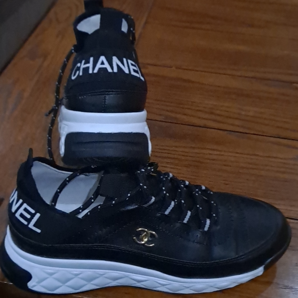 Chanel black & white wedge sneakers
